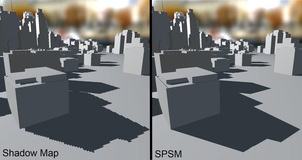 On the right, a large City model ( 2 300 000 polys) rendered using a single 2K 2K shadow map in 41.6 ms.