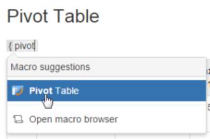 Manual entry of the {Pivot Table} query on the page 4. Switch Confluence page to the edit mode. Position the mouse pointer in the appropriate place on the page. Start entering {Pivot Table}.