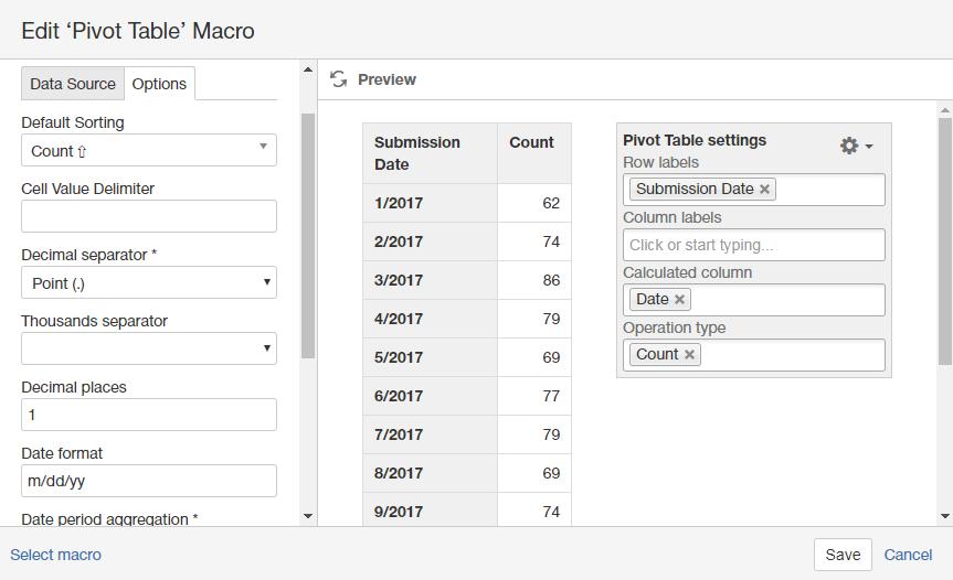 Configuring parameters of the macro On the Confluence page opened in the edit mode, click the Pivot table macro. Click Edit. Switch to the Options tab and adjust the parameters of the pivot table. 4.