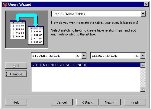 104 :: Computer Applications 4. Click Next push button, Visual FoxPro displays the Step-2 Relationship dialog box of the Query Wizard.