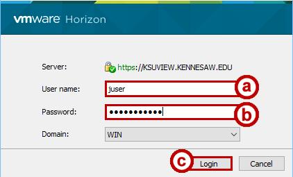 Figure 12 - VMware Horizon Client 3. You will be prompted to enter your User name and Password: (See Figure 13) a.
