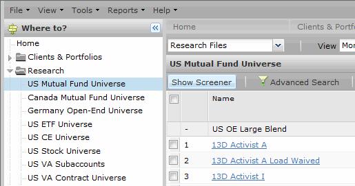 Finding Investments in the Research Module How do I create a search with the Screener tool? The Screener tool is available in the following Research Module universes: Mutual Funds, ETFs and Stocks.