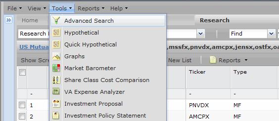 Searches created and saved in the Screener tool can be accessed from the Research Searches page or opened in the Advanced Search dialog box.