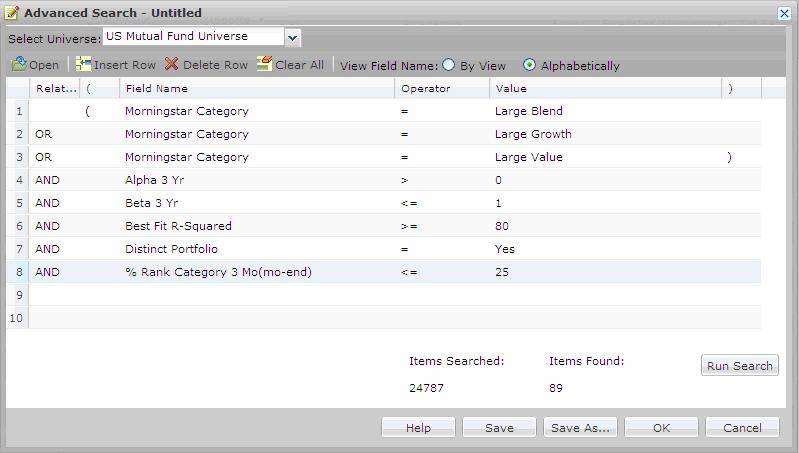 Finding Investments in the Research Module Performing complex searches with the Advanced Search dialog box 5. Repeat steps 2-4 for all additional criteria you wish to add.