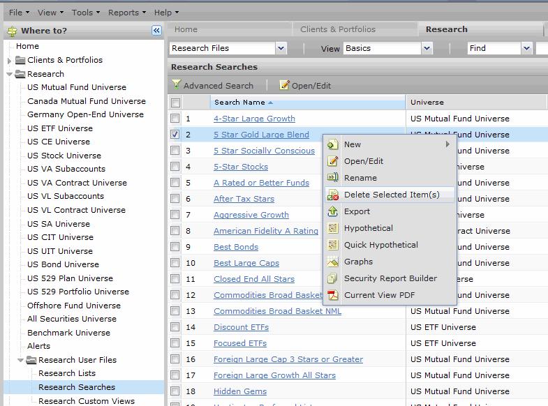 Finding Investments in the Research Module Deleting a saved search Because you are limited to saving 100 searches, you might occasionally need to delete one or more searches you no longer need, in