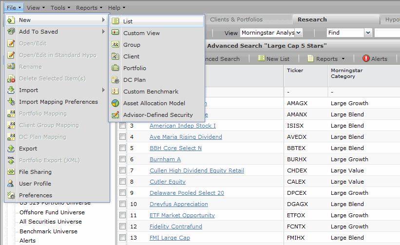 Working with Lists in the Research Module Overview Working with Lists in the Research Module You can save a set of investments as a list for later recall.
