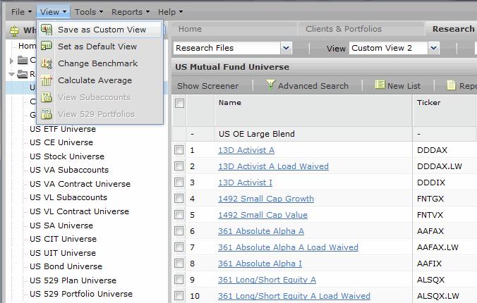 Working with Custom Views in the Research Module Setting a custom view as the default view You can use a custom view as the default view for a universe.