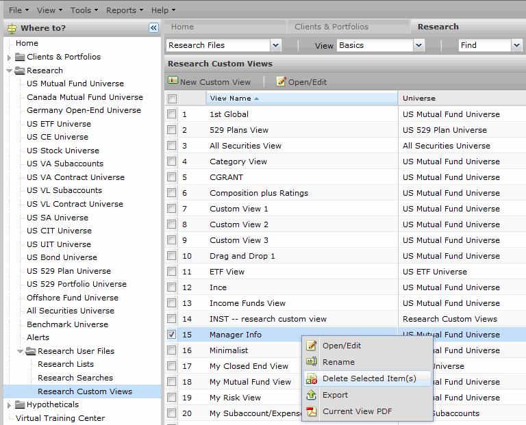 Working with Custom Views in the Research Module Deleting a custom view Because you are limited to saving 100 custom views, you might occasionally need to delete one or more custom views you no