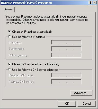 Select the Obtain an IP address automatically and the Obtain DNS server