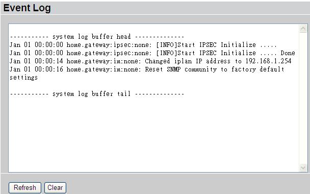 Billion BiPAC SHDSL/SHDSL.bis (VPN) Firewall Bridge/ Router Event Log This page displays the router s Event Log entries.