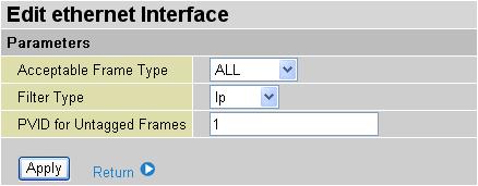You can also edit the Ethernet Interface parameter such as its Acceptable Frame Type; Filter Type or PVID for Untagged Frames.