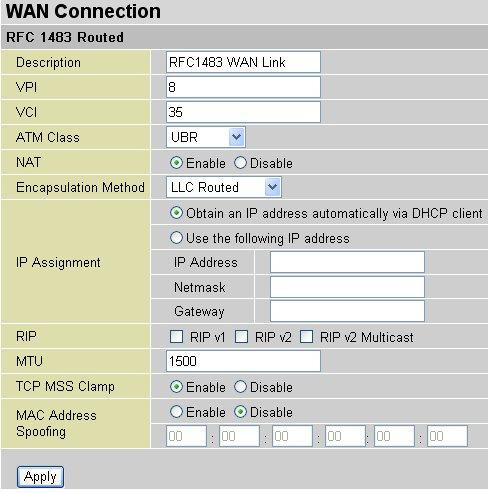 Billion BiPAC SHDSL/SHDSL.bis (VPN) Firewall Bridge/ Router RFC 1483 Routed Connections Description: User-definable name for the connection. VPI and VCI: Enter the information provided by your ISP.