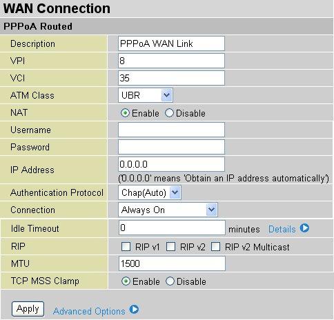 Billion BiPAC SHDSL/SHDSL.bis (VPN) Firewall Bridge/ Router PPPoA Routed Connections Description: User-definable name for the connection. VPI/VCI: Enter the information provided by your ISP.