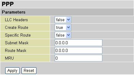 Advanced Options (PPPoA) LLC Header: Select encapsulation mode, true for using LLC or false for using VC-Mux.
