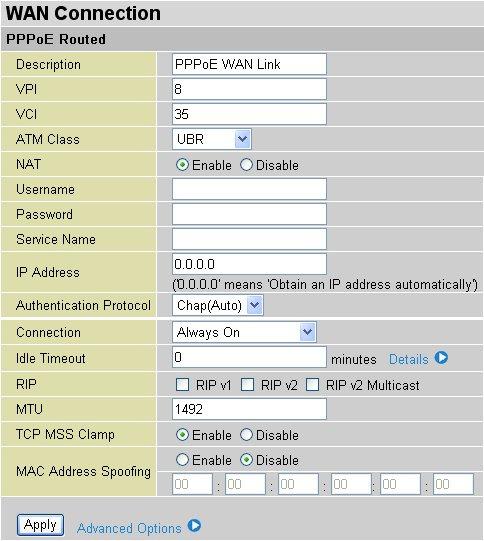 PPPoE Connections Description: User-definable name for this connection. VPI/VCI: Enter the information provided by your ISP. ATM Class: The Quality of Service for ATM layer.