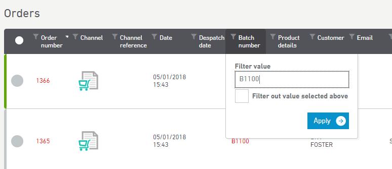 and use the filter on the Batch Number column to filter all orders in the batch produced, Click on Apply Now click in the circle in