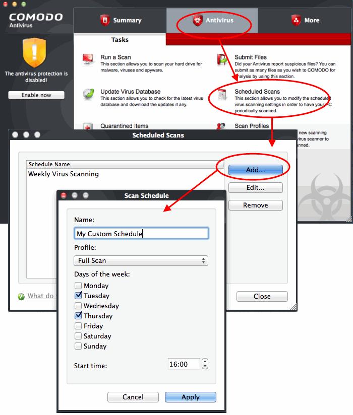 Click 'Scheduled Scans' in the Antivirus menu Click the 'Add' button to begin creating your schedule Type a name for your schedule in the text box Select a scanning profile from the Profile drop-down