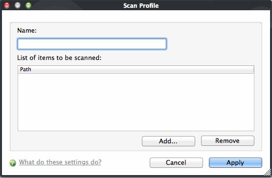 A 'Scan Profile' configuration appears. Type a name for the scan profile to be created in the 'Name' box. Click 'Add'.
