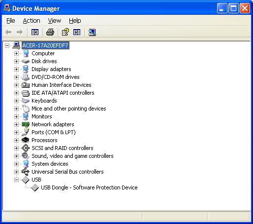 59 Figure 72 Windows XP Device Manager If the driver was installed correctly, the USB Dongle Software Protection Device will appear as in Figure 72 above.