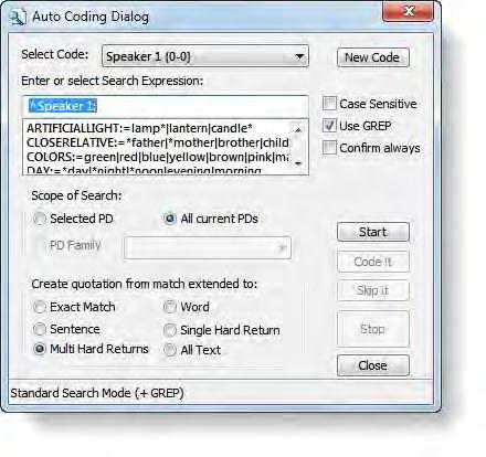 THE DATA LEVEL - BASIC FUNCTIONS 232 Figure 140: Auto Coding Dialog window The New Code button allows you to create codes on the fly.