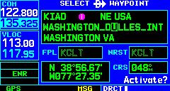 The Select Direct-to Waypoint Page appears, with the waypoint identifier field highlighted. 2) Turn the large right knob to highlight the facility name (second line) or the city (third line) field.