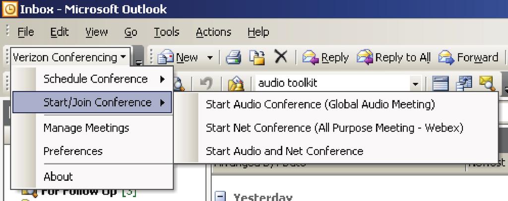 Start /Join Conference Sub Menus The Start/Join Conference menu has the following sub-menus: Start Audio Conference This menu is disabled if there are no audio conferences in the Manage Meetings