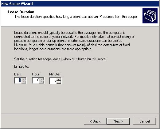 Figure 7 Lease Duration 9. On the Configure DHCP Options page, select Yes, I want to configure these options now, and then click Next, as shown in Figure 8.