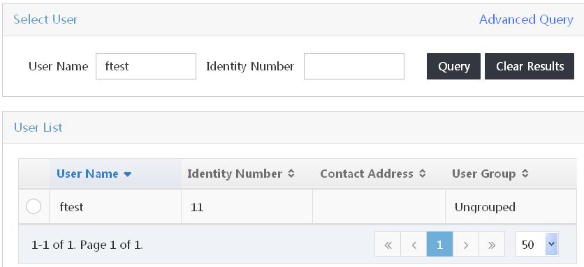 Figure 43 Adding a user account 3. Click Select next to the User Name field, select a user from the IMC platform, and then click OK, as shown in Figure 44. This example uses ftest.