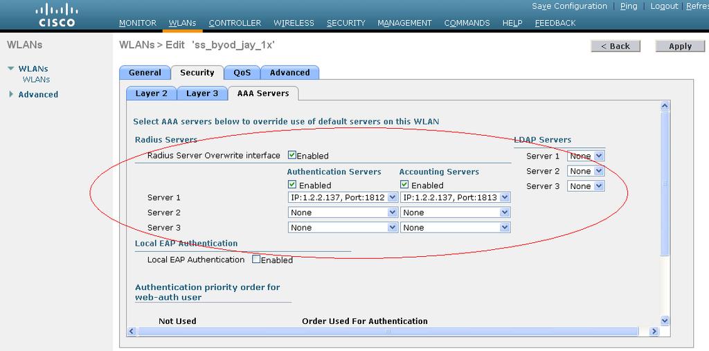 Select the Enabled option for Authentication Servers, and select IP:1.2.2.137, Port:1812 from the Server 1 list. Select the Enabled option for Accounting Servers, and select IP:1.