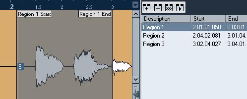 Editing regions The region selected in the list is displayed in gray in the waveform display and the overview line.