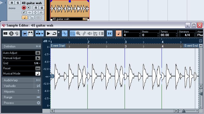 To tempo match an audio loop to the project tempo, proceed as follows: 1. Import your loop into the project and double-click it to open the Sample Editor.