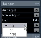 Proceed as follows: 1. Open the Definition tab in the Sample Editor Inspector and activate the Manual Adjust tool. 2. Select a suitable value from the Grid pop-up menu.