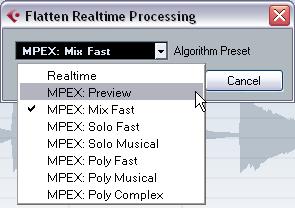 Proceed as follows: 1. Select the audio event(s) you wish to process. 2. Select Flatten from the Realtime Processing submenu of the Audio menu or use the corresponding button on the Process tab.