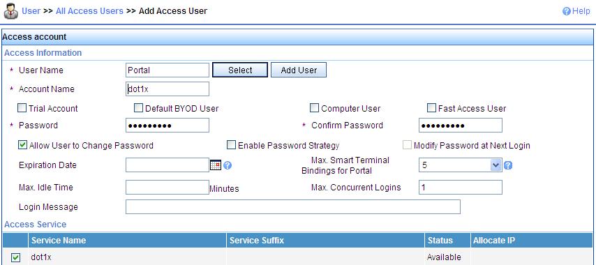 Figure 90 Adding an access user 9. Configure HTTP user agent feature identification: a. Click the Service tab. b.