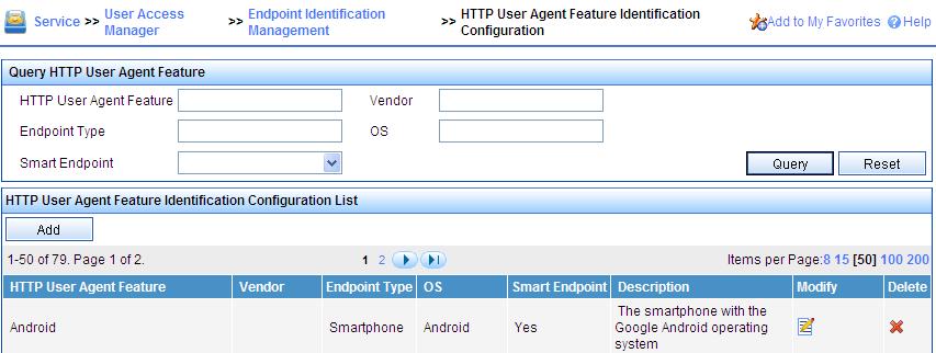 The page displays smart terminals in the HTTP User Agent Feature Identification Configuration List. If the list contains no smart terminals, click Add to add devices.