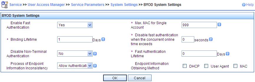 Figure 92 Configuring BYOD system settings 11. From the navigation tree, select User Access Manager > Service Parameters > Validate to validate the configurations.