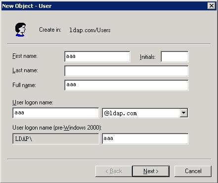 c. Enter aaa in the First name, Full name, User logon name, and User logon name (pre-windows 2000) fields, as shown in Figure 13, and then