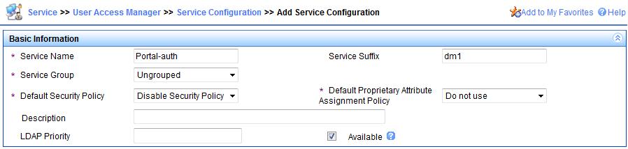 Figure 19 Adding a service 3. Add an account for portal users and assign the previous service to the account: a. Click the User tab. b.