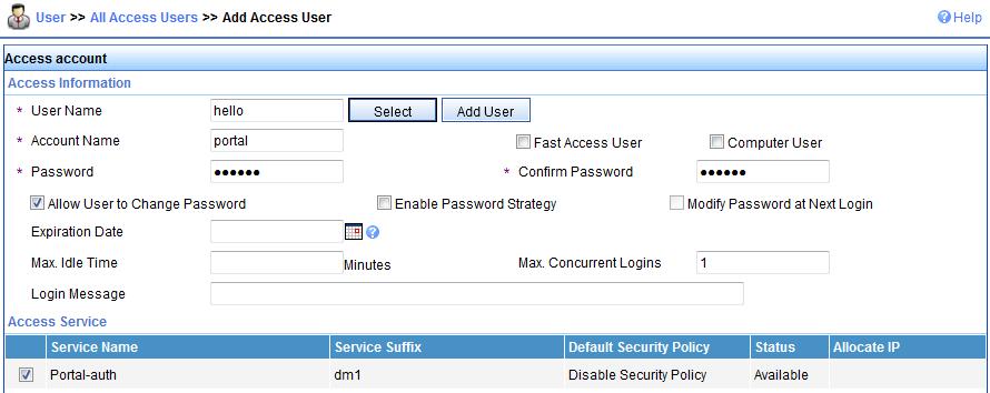 In the Access Information area, configure the user account: Select or add a platform user named hello. Enter portal in the Account Name field. Set a password for the user and confirm the password. e.
