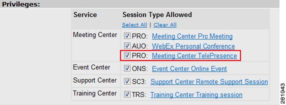 If the corresponding checkbox beneath this headline is checked, meeting center Cisco TelePresence privileges are enabled.