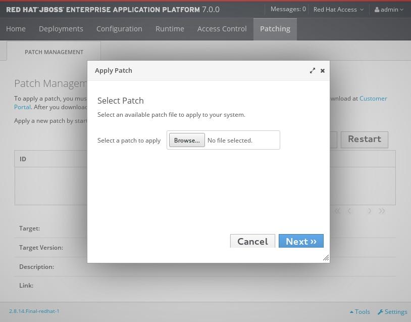 Red Hat Single Sign-On 7.2 Upgrading Guide 4. Click the Browse button, select the downloaded patch you want to apply, and then click Next. Apply Patch Screen.
