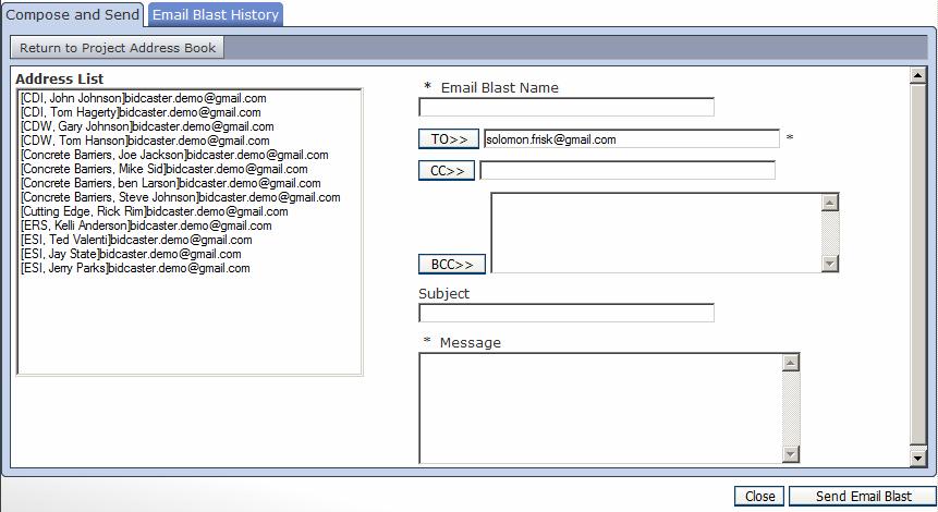 Send Project Email Option Select recipients from the Address list and click on the [TO>>], [CC>>] or [BCC>>] box to move the recipient to that specific area.