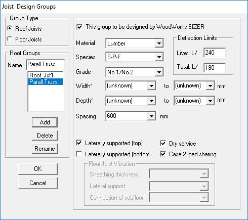 Joists 1. Click Joist on the toolbar. 2. Click Design Groups to define an additional joist group. 3. Select Roof Joist in the Type field. 4. Select the Name field and enter a new name: Parall.Truss.