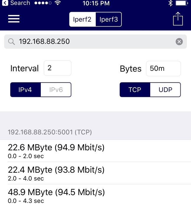Task 5 Mobile Performance Testing using Hurricane Electric Network Utilities iperf2 and iperf3 Use H/E Network Tools to perform an iperf2/3 measurement from ios Start H/E Network Tools Select iperf