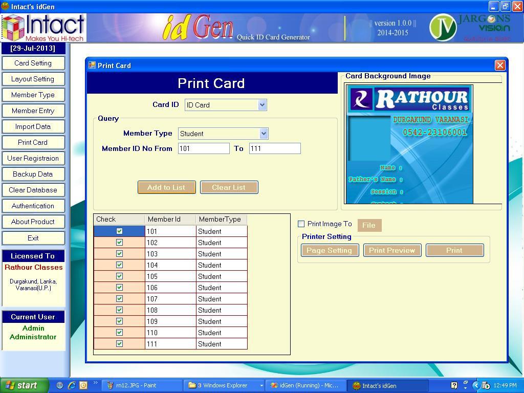 First select the Card ID from the Card ID list box to which you want to print. Now specify the criteria for the members in the Query panel for which you want to print the cards.