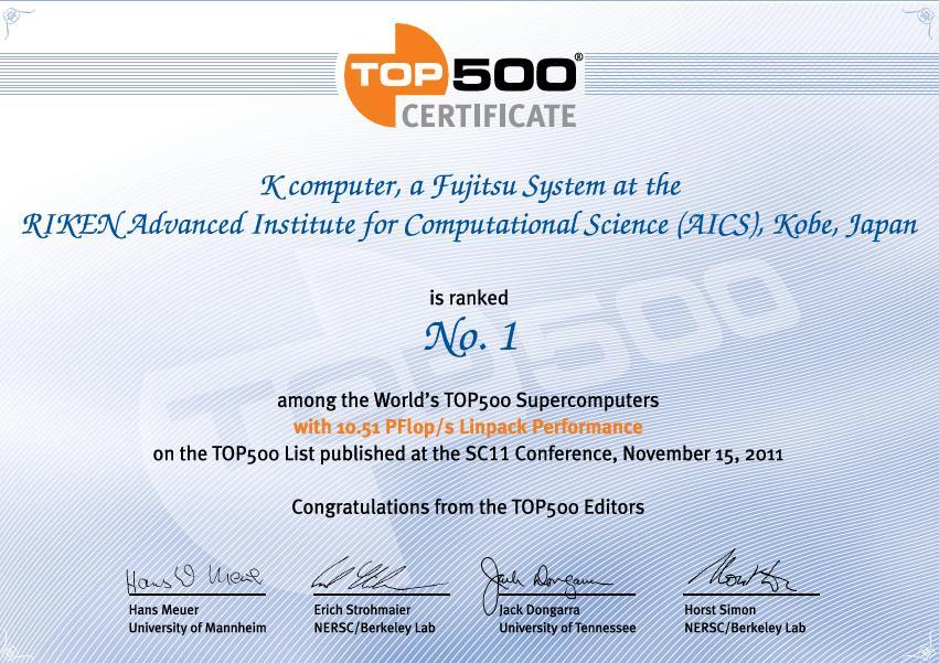Latest World Supercomputer Ranking K computer takes consecutive No.