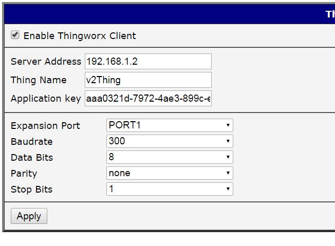Click the Application s name to open it for configuration. Enter the address for your ThingWorx Platform Server. Enter v2thing in the Thing Name Field to use the provided example application.