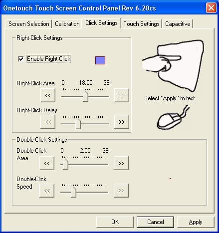 Click Settings: Right-Click Area: this available area is larger than the touch point area, supposed the touch point is the finger tip, this right key area movement this district should than can