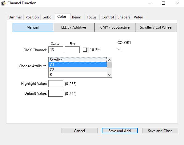 Add DMX channels All DMX channels have to be added complying the selected mode. 1. Select the preset type tab of the DMX channel, for example Color. 2.