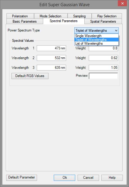 Light Sources Spectral Parameters The user can select between three different spectral modes Single wavelength (monochromatic simulation) Triple wavelength (three